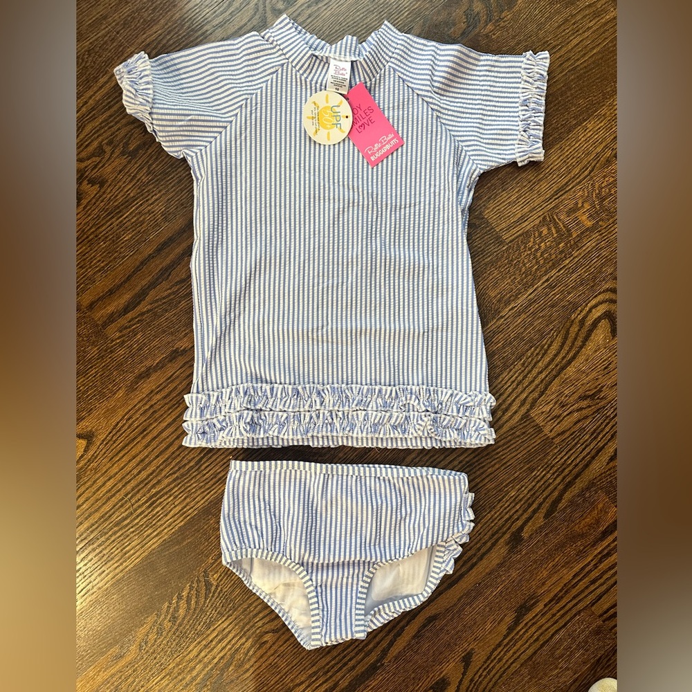 NWT Rufflebutts Rash guard two piece suit- Periwinkle Blue Seersucker